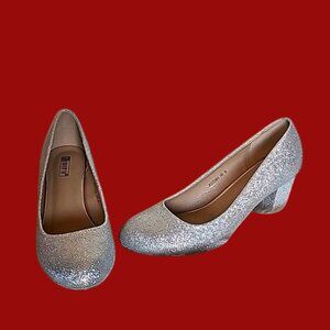 IDIFU Chunky block heel glitter silver closed pointed toe pumps dress shoes